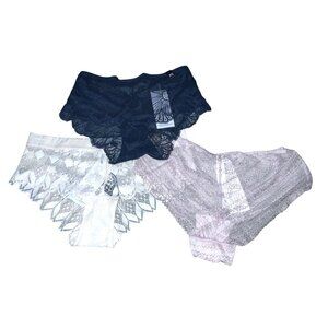 Etam Womens Lace Panty Set XS 3-Pack Floral & Sheer Design Navy Blue Pink Ivory